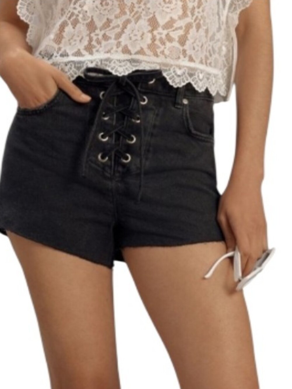 Anthropologie Pilcro High-Waist Lace-Up Black Denim Shorts-NWOT